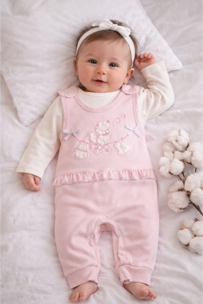 Pure Boutique Baby girl pink cotton jumpsuit with integrated blouse, delicate...
