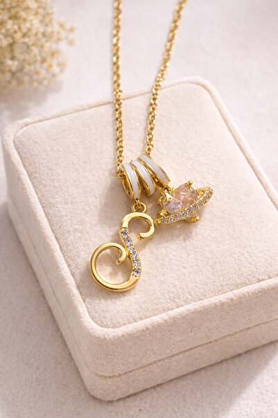 Lanuna S Harfli Gold Taşlı Gezegen Figürlü Kolye