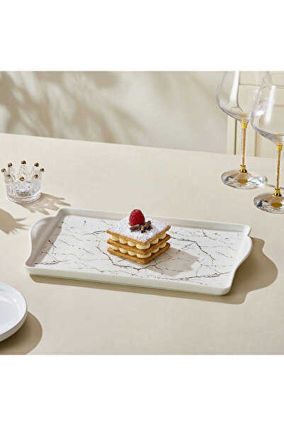 Malooki Rectangular Porcelain Serving Tray, 35.5 cm - marbled white
