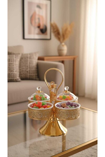 Generic A luxurious serving tray set with an elegant stand and heart-shaped h...