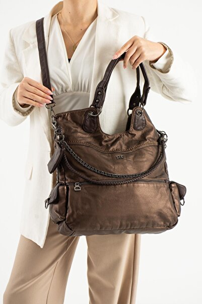 571 Collections Çanta Geantă de umăr din piele spălată, bronz