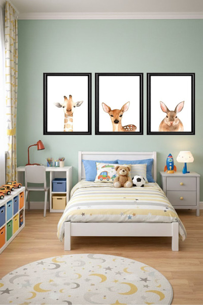 Aura Mia Store Cute Animal Nursery Wall Art - 3 Piece Set with Frame