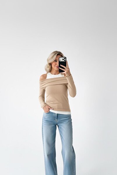 Ferte Kadın Omuz Dekolteli Kayık Yaka Bluz Beyaz Atletli