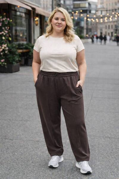 PASTEL BUTİK Ribbed Detailed Flexible Plus Size Women's Modal Pants