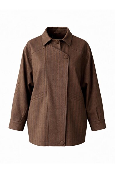 Retrobird Design Striped Bomber Jacket Coat Women's Earth Color