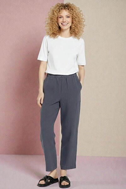 SHOPPEBUTİK Women's Gray Color Comfortable Linen Trousers with Elastic Waist
