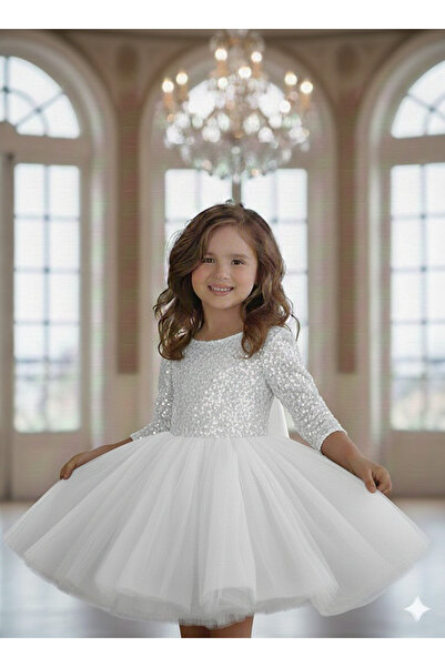 PRİNCESS Girl's White Sequin Detailed Tulle Skirted Dress, Girl's Evening Dre...