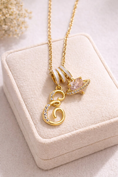 Lanuna E Harfli Gold Taşlı Gezegen Figürlü Kolye