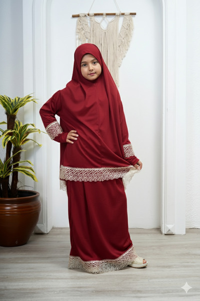 Defkay Kız çocuk etekli dantelli namaz elbisesi takımı