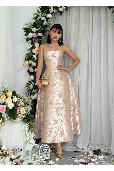 YURELİ Saten Jakarlı Tasarım Kloş Straplez Prenses Kadın Elbise