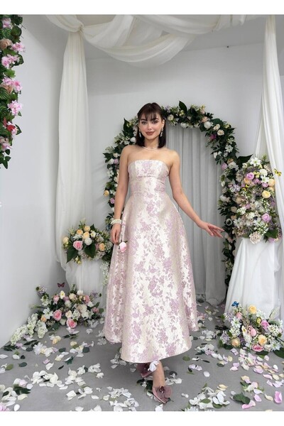 YURELİ Saten Jakarlı Tasarım Kloş Straplez Prenses Kadın Elbise