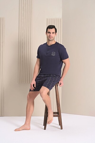 HS İÇ GİYİM Men's Short Sleeve Zero Collar Buttoned Checked Shorts Pajama Set
