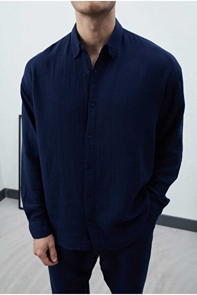 Wonraces Men's Navy Blue Oversize Relaxed Fit Premium Summer Textured Long Sl...