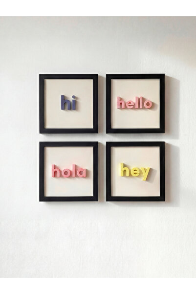 Framelle Hi Hello Hola Hey Tipografik Duvar Tablosu Seti – 4’lü Modern Minima...