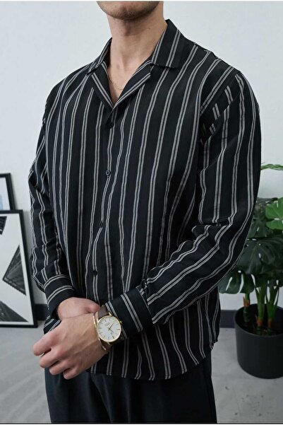 Wonraces Men's Black Oversize Relaxed Fit Textured Line Patterned Premium Sum...