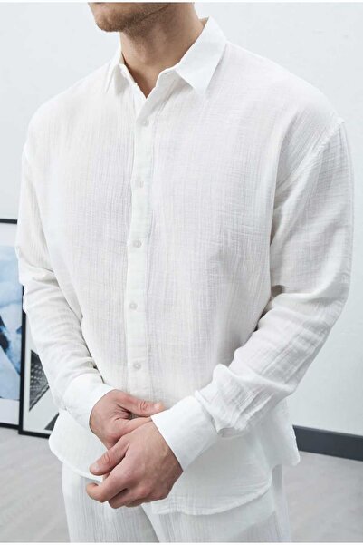 Wonraces Men's White Oversize Relaxed Fit Premium Summer Textured Long Sleeve...