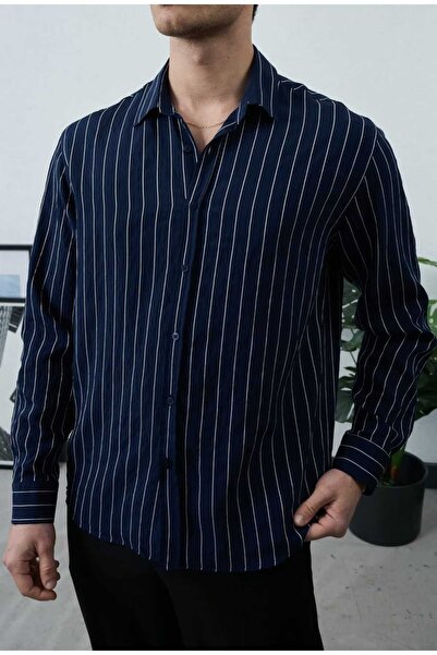 Wonraces Men's Navy Blue Oversize Relaxed Fit Textured Line Patterned Premium...