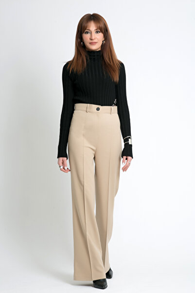 sevindi Women's High Waist Wide-Leg Fabric Pants - Wide Leg with Front Seam D...