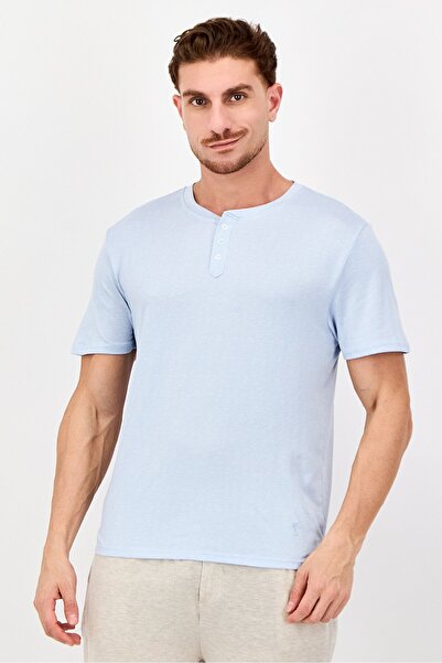 Frye Men Henley Neck Short Sleeve Plain T-shirt, Blue