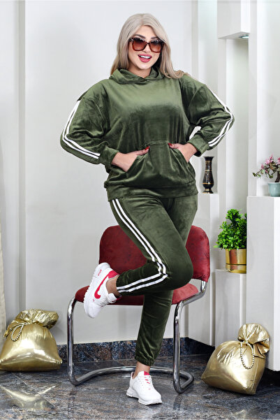 AsrymShop Winter tracksuit, velvet, wide-leg style, olive green