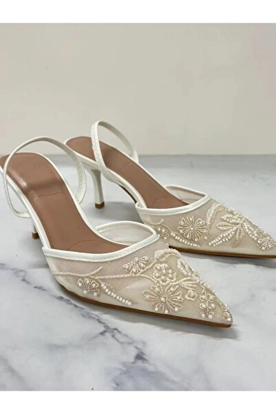 Noon Noora White embroidered mesh stiletto sandals