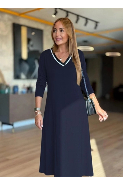 Generic Brand Women's Long Sleeve V-Neck Midi Length Green Modal Dress