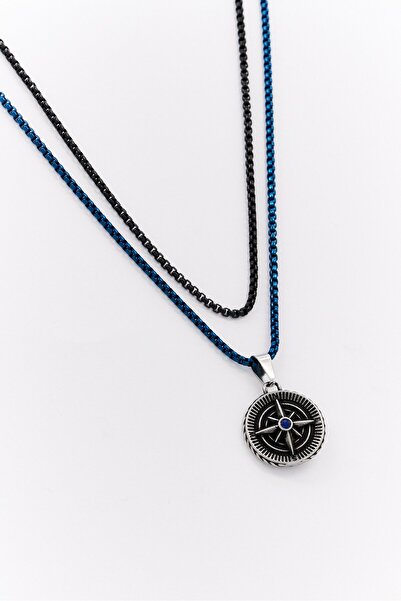 Nautica Men Double Layered Chain Compass Circle Pendant Necklace, Multicolor