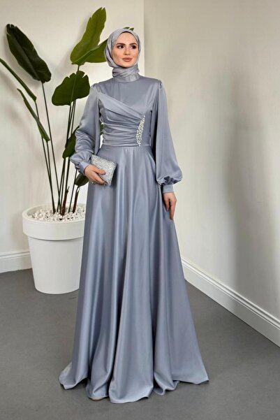 MERVEN AKYÜZ Florentine Taşlı Saten Abiye Gri