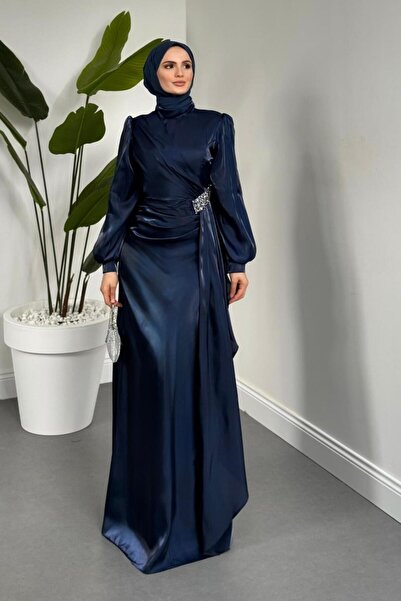 MERVEN AKYÜZ Magnolia Saten Abiye Lacivert