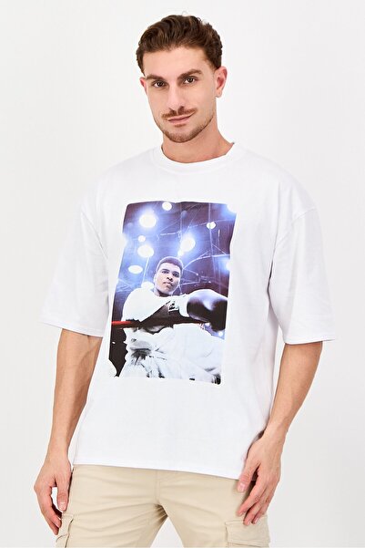 ALI Men Crew Neck Short Sleeve Graphic Print T-Shirt, White