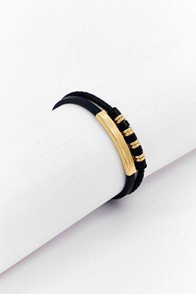 Steeltime Men Braided Leather And Plated Stainless Steel Beads Id Bracelet, B...