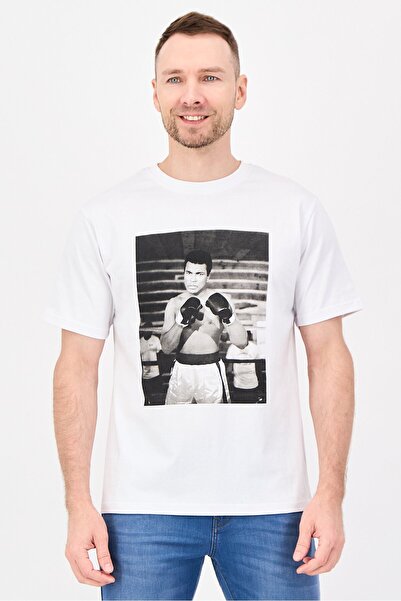 ALI Men Crew Neck Short Sleeve Graphic Print T-Shirt, White