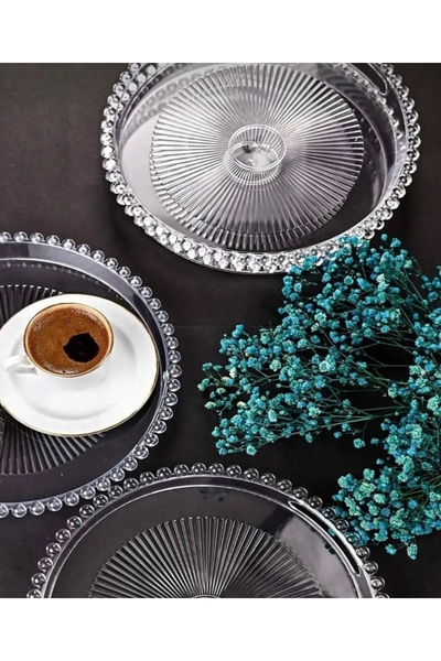 ayithalat Boncuklu Sunum Tepsisi, Şeffaf Tepsi, Çay Tepsisi, Sunumluk 23 Cm