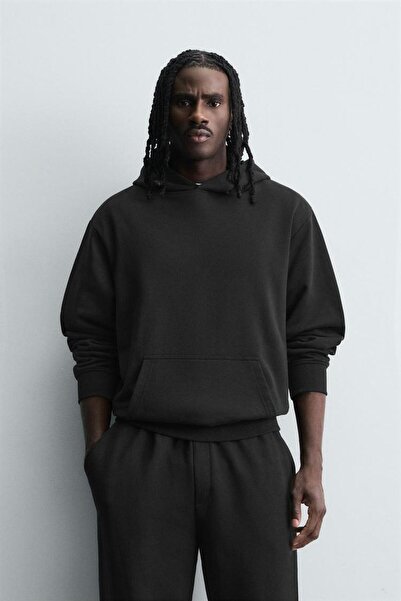 Siyah Baskısız Kapüşonlu Sweatshirt