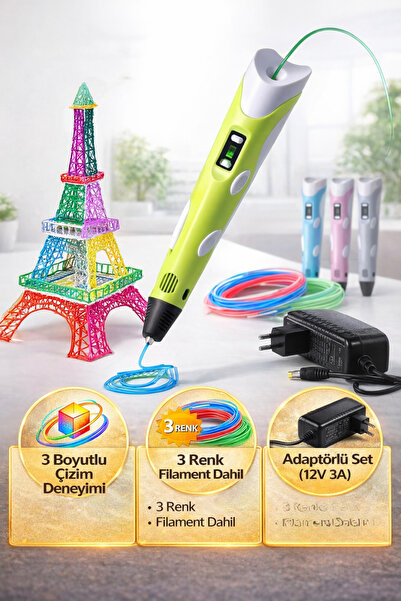 Hane Dostu 3D Kalem 3 Boyutlu Yazıcı Kalemi | 3 Renk Filament Hediyeli | Çocu...