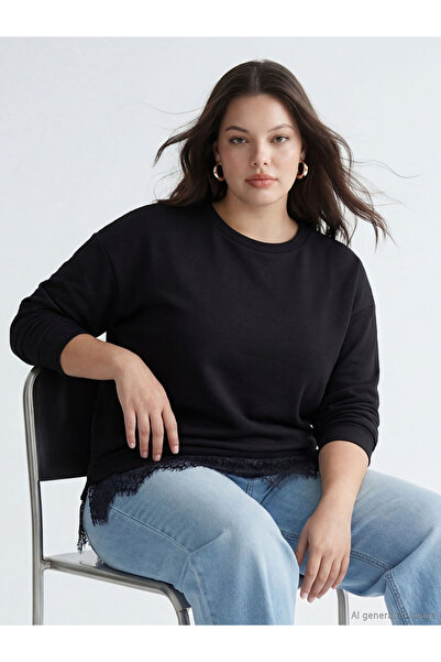 LC Waikiki LCW Modest Μαύρο Γυναικείο Φούτερ Τουνίκ με Φούντες και Απαλή Υφή