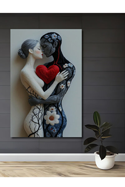 Teona Ahşap Aşkın Kucaklayışı Kırmızı Kalp Desenli Ahşap Dekoratif Tablo Ev,O...