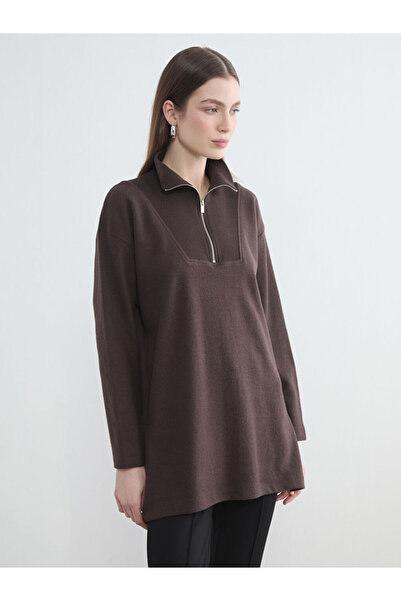 LC Waikiki Γυναικείο φούτερ τουνίκ με όρθιο γιακά σε καφέ χρώμα LCW Modest