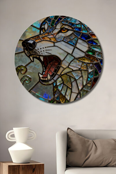 Teona Ahşap Görünümlü Renkli Cam Mozaik Kurt Sanat Tablosu Ahşap Dekoratif Ta...