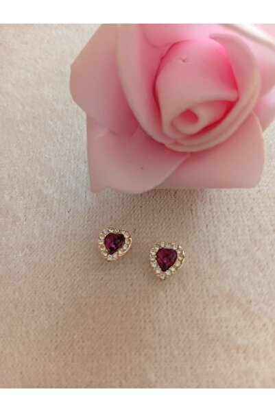 Pervin Ablacım Kalpli Mor renkli taşlı çivi küpe