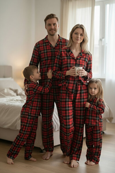 ARN HOMEWEAR aile kombini ekoseli lizbon kumaş pijamatakımı anne-kız-baba-oğu...
