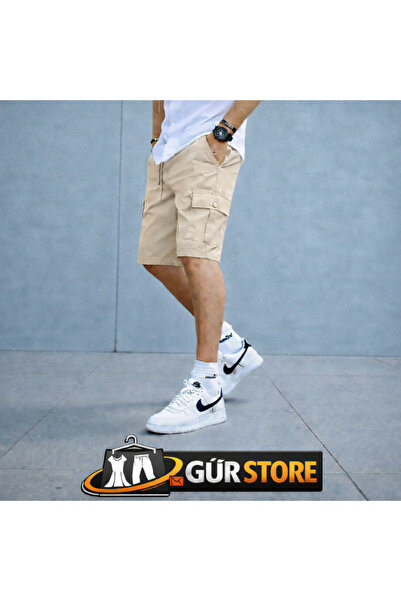Gür Kargo Cepli Erkek Bej Şort Bel Lastik Likralı