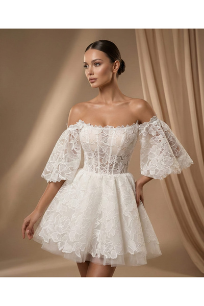 ABAD.HANDMADE Dantel İşlemeli Kayık Yaka Balon Kollu Mini After Party Gelinliği
