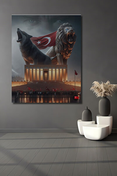 Teona Ahşap Aslan ve Kurt Figürlü Atatürk Anıtı Yağlı Boya Görünümlü Ahşap De...