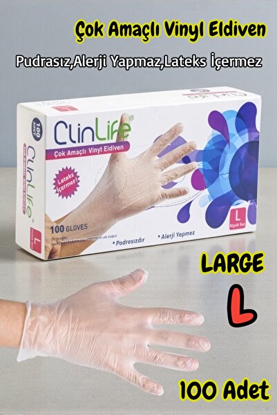 Technow Clinlife Pudrasız L Çok Amaçlı Vinyl Eldiven Large(Büyük) Beden 100'lü