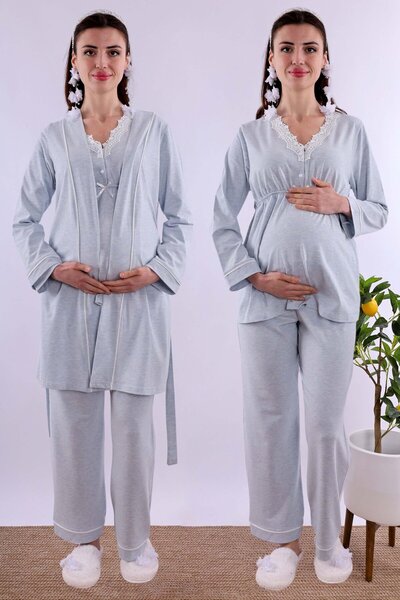 ByLohusa Комплект пижама за бременни Effortt Maternity със син халат