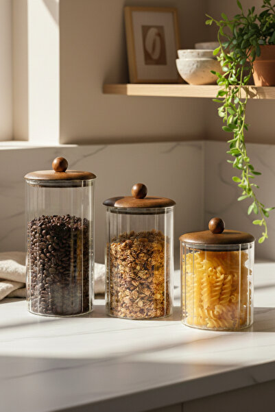 Sevinse Home Gai̇a 3-Piece Acacia Lid Triple Jar Set, Spice Jar, Sugar Bowl (...