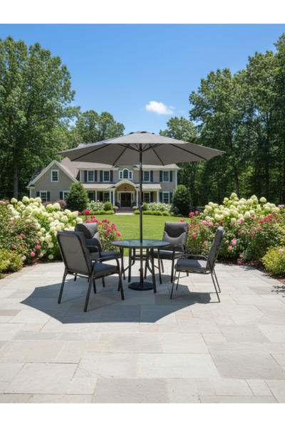 Bec4 Modern outdoor dining table set with umbrella and 4 comfortable chairs