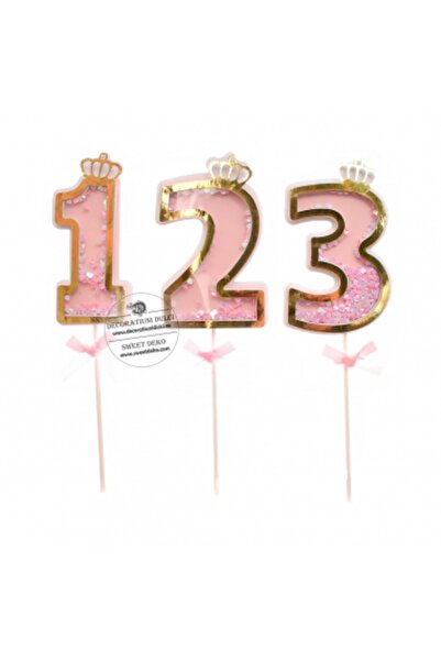 Decoratiuni Dulci Topper cifra carton roz cu coronita si confetti - Cifra 2