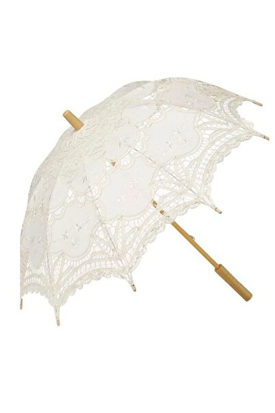 Saatistan Beyaz Dantelli Şemsiye, Handmade, Ahşap Sap, Gelin, Nişan, Düğün, O...